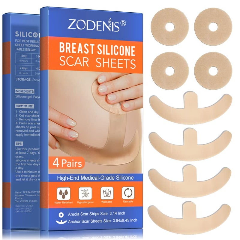 ZODENIS Silicone Scar Sheets for Breast - 8 Pack, Including 4 Areola Soft Strips & 4 Anchor Sheets - Image 1