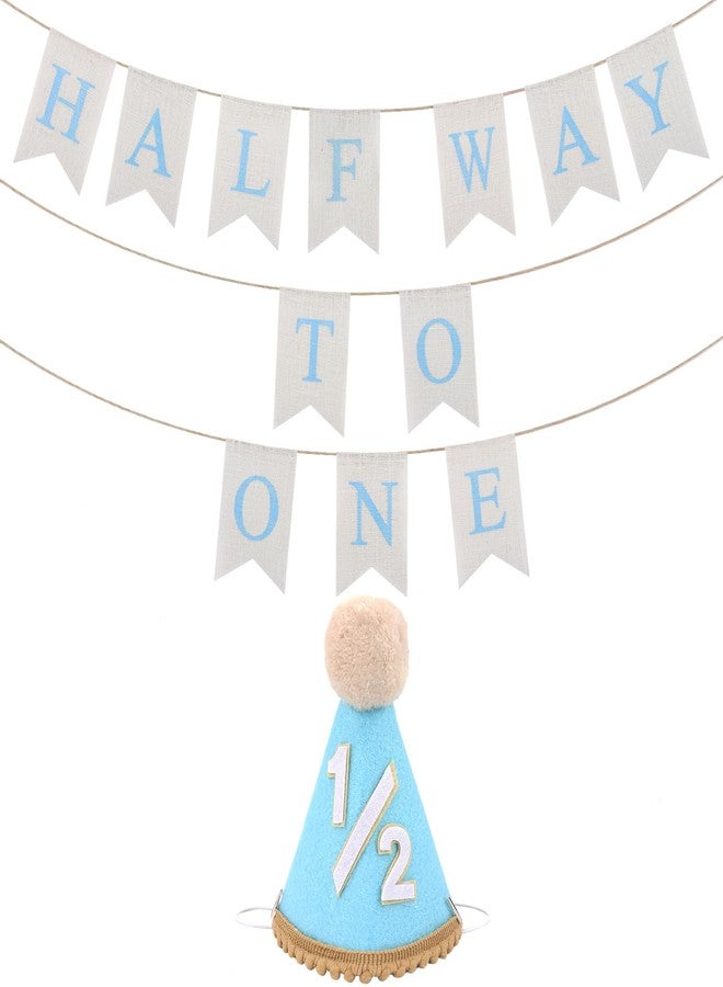 CUBACO 1/2 Birthday boy Girl Banner, half birthday decorations party hats 6 months Banner Decorations Outfit Half Way to One baby boy for Blue Themed Baby Shower Party Supplie - Image 1