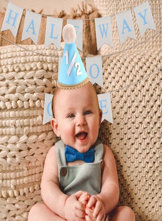 CUBACO 1/2 Birthday boy Girl Banner, half birthday decorations party hats 6 months Banner Decorations Outfit Half Way to One baby boy for Blue Themed Baby Shower Party Supplie - Image 2