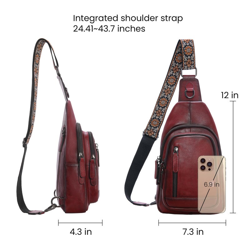 HESHE Leather Sling Bag for Women Crossbody Bags with Multi-Pocket Stylish Fanny Packs for Travel Chest Bag (Wine) - Image 4