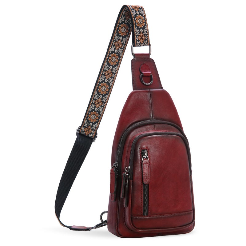 HESHE Leather Sling Bag for Women Crossbody Bags with Multi-Pocket Stylish Fanny Packs for Travel Chest Bag (Wine) - Image 1