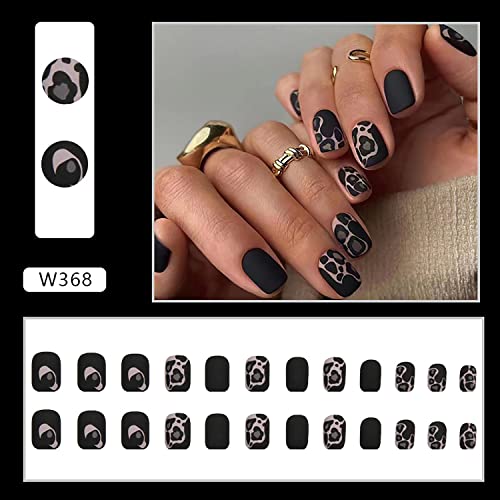 Vezocim Press on Nails Short with Leopard Designs 24Pcs Full Cover Reusable False Nails with Glue Artificial Square Fingernails Acrylic Fake Nails for Women Girls Stick on Nails with Charm Decorations - Image 3
