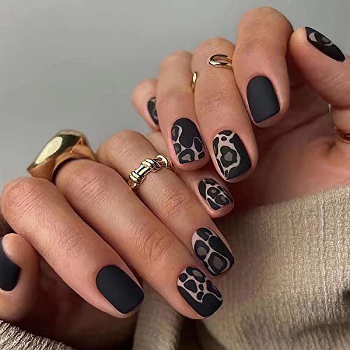 Vezocim Press on Nails Short with Leopard Designs 24Pcs Full Cover Reusable False Nails with Glue Artificial Square Fingernails Acrylic Fake Nails for Women Girls Stick on Nails with Charm Decorations - Image 1