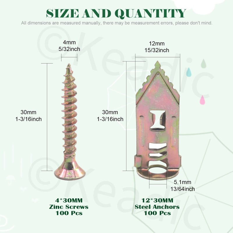 Keadic مجموعة كيديك من 200 قطعة من مثبتات الجدران الجافة ذاتية الحفر 12 × 30 مم مع براغي، بدون حفر أو ثقوب في الجدار، تحمل حتى 66 رطل - Image 2