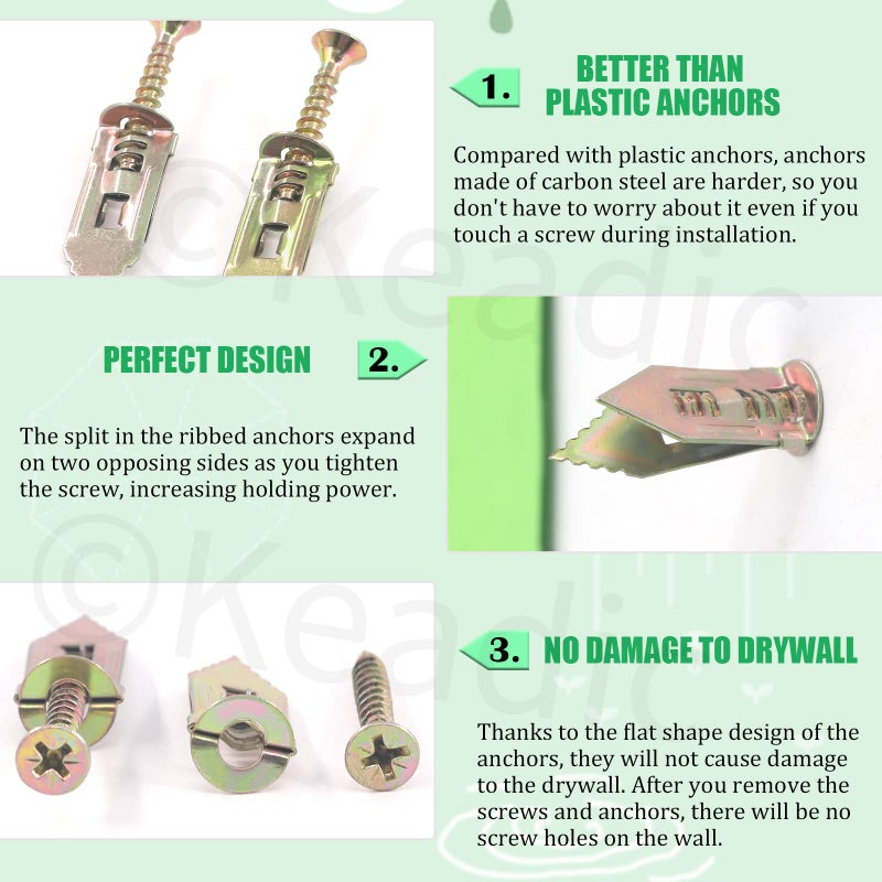 Keadic مجموعة كيديك من 200 قطعة من مثبتات الجدران الجافة ذاتية الحفر 12 × 30 مم مع براغي، بدون حفر أو ثقوب في الجدار، تحمل حتى 66 رطل - Image 4