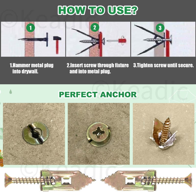 Keadic مجموعة كيديك من 200 قطعة من مثبتات الجدران الجافة ذاتية الحفر 12 × 30 مم مع براغي، بدون حفر أو ثقوب في الجدار، تحمل حتى 66 رطل - Image 5