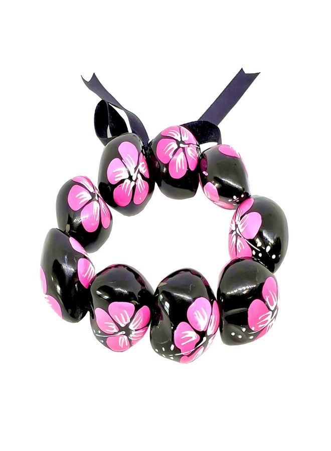 Zero Gravity Hawaii Hawaiian Kukui Nut Hand Painted Pink Hibiscus Flower Elastic Bracelet - Image 1