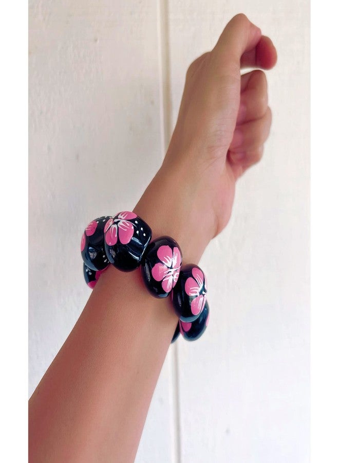 Zero Gravity Hawaii Hawaiian Kukui Nut Hand Painted Pink Hibiscus Flower Elastic Bracelet - Image 2