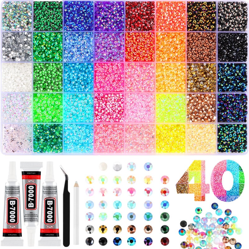 40 Colors Resin Jelly Rhinestones for Bedazzling, 3mm 32000 Pcs Flatback Gems for Crafting, Bedazzling Kit with 3Pcs B7000 Glue for Clothing Shoes Nail Book Diamond Art - Image 1