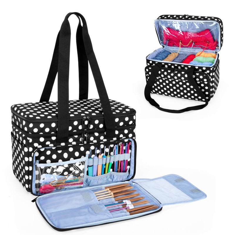 CURMIO CURMIO DoubleLayer Knitting Tote Yarn Storage With Compartments for Crochet Hooks Needles Up to 14 Inches Project and Accessories Black Dot Bag Only Patented Design