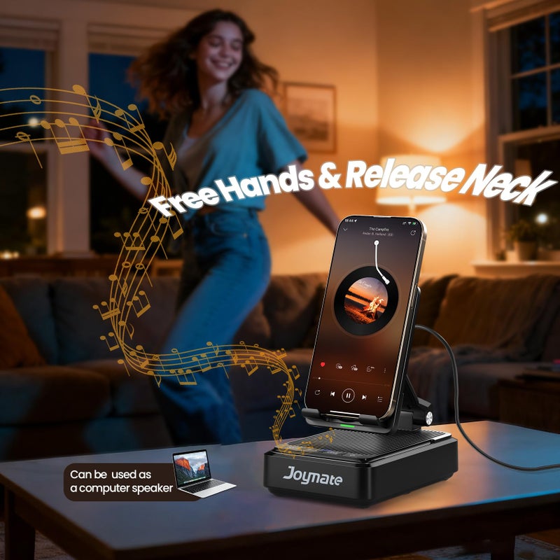 Joymate Gifts for Men and Women, Wireless Phone Charger Stand with Bluetooth Speaker and Adjustable Angle Phone Holder for Desk Tech Gift for Birthday/Valentines Day/Christmas(Black) - Image 5