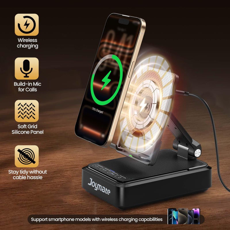 Joymate Gifts for Men and Women, Wireless Phone Charger Stand with Bluetooth Speaker and Adjustable Angle Phone Holder for Desk Tech Gift for Birthday/Valentines Day/Christmas(Black) - Image 3