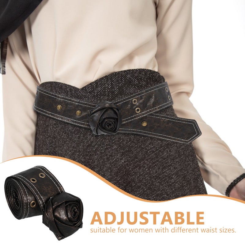 Adjustable Pu Rose Flowers Waist Belt Retro Cinch Belts Waistband Button Wide Belts For Women Girls Prom Outfits Coffee - Image 2
