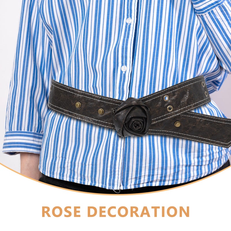 Adjustable Pu Rose Flowers Waist Belt Retro Cinch Belts Waistband Button Wide Belts For Women Girls Prom Outfits Coffee - Image 3
