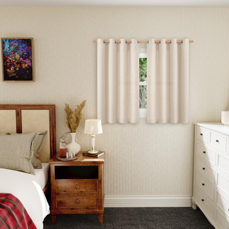 BGment Short Curtains for Bedroom 45 inch Length Faux Linen Curtains for Small Window Grommet Non-See Through Privacy Light Filtering Burlap Textured Kitchen Window 2 Panels 52 x 45 Inch Light Beige - Image 2