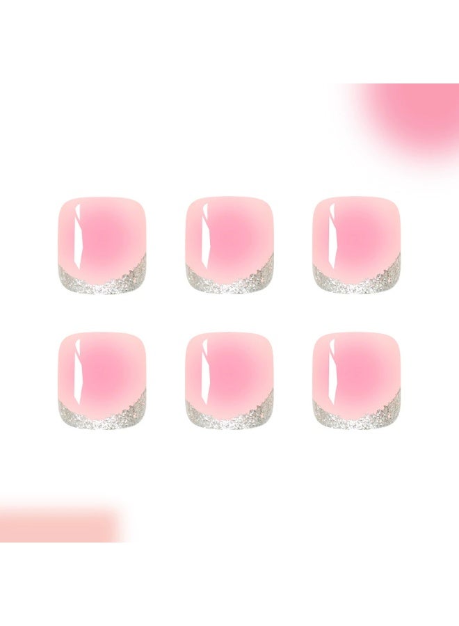 Goolsky Short Square Toe Press-on Nails with Pink French Glitter Gradient Blush - Image 2