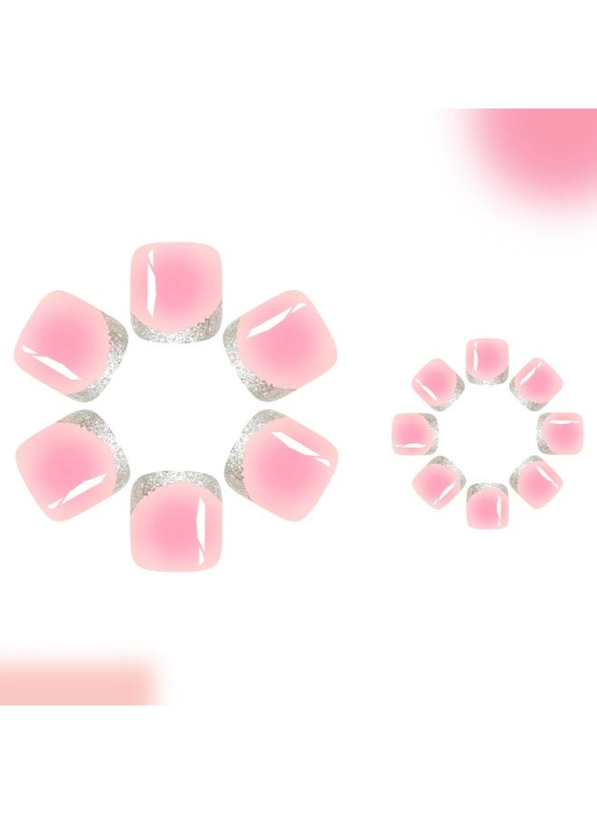 Goolsky Short Square Toe Press-on Nails with Pink French Glitter Gradient Blush - Image 5