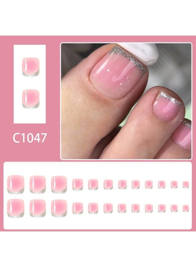 Goolsky Short Square Toe Press-on Nails with Pink French Glitter Gradient Blush - Image 1
