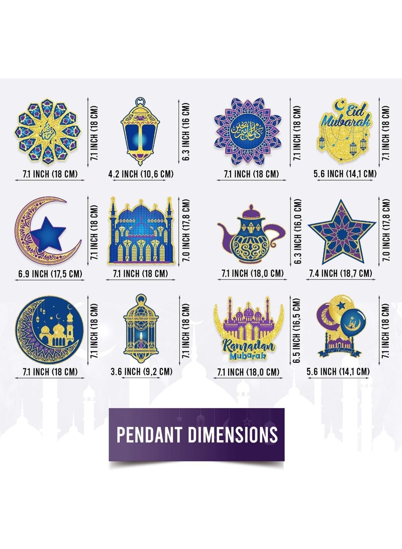 Lunarae Ramadan Decorations 12 Pendants 12 Ramadan Ornaments Shining Gold foil, Blue and Purple Ramadan Decorations for Home 2026 Eid Mubarak Decorations - Image 5