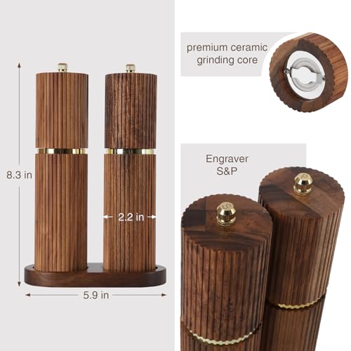 UNIOVC Wooden Salt and Pepper Grinder Set, Refillable Salt and Pepper grinder with adjustable Coarseness, Acacia Wood pepper mill manual, Salt and Pepper Shakers Matching Wooden tray-Ideal for Gifting - Image 2