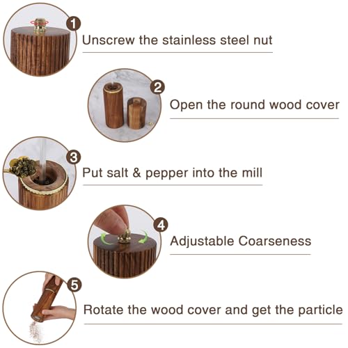 UNIOVC Wooden Salt and Pepper Grinder Set, Refillable Salt and Pepper grinder with adjustable Coarseness, Acacia Wood pepper mill manual, Salt and Pepper Shakers Matching Wooden tray-Ideal for Gifting - Image 4