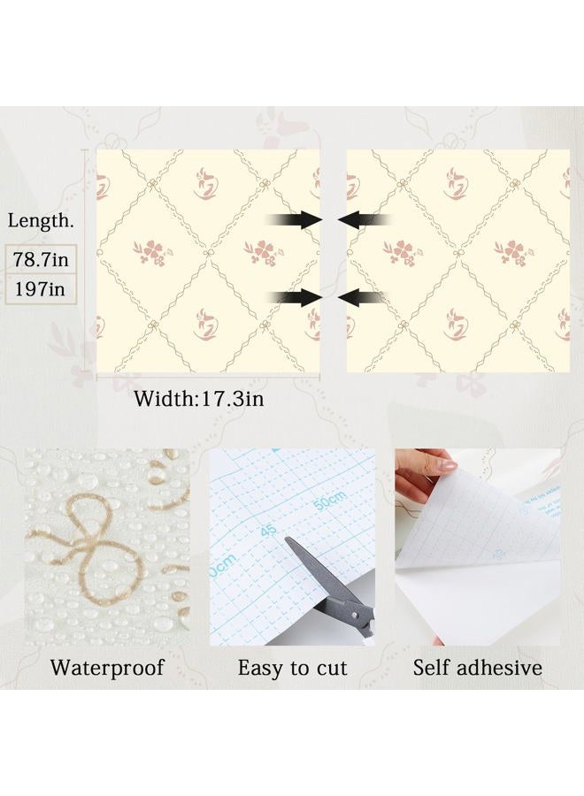 GloryTik Vintage Floral Wallpaper Peel and Stick, Removable Beige Flowers Contact Paper, Self Adhesive Wall Paper for Bedroom Living Room Cabinets Bedroom Vinyl Rolls (17.3" x 78.7") - Image 2