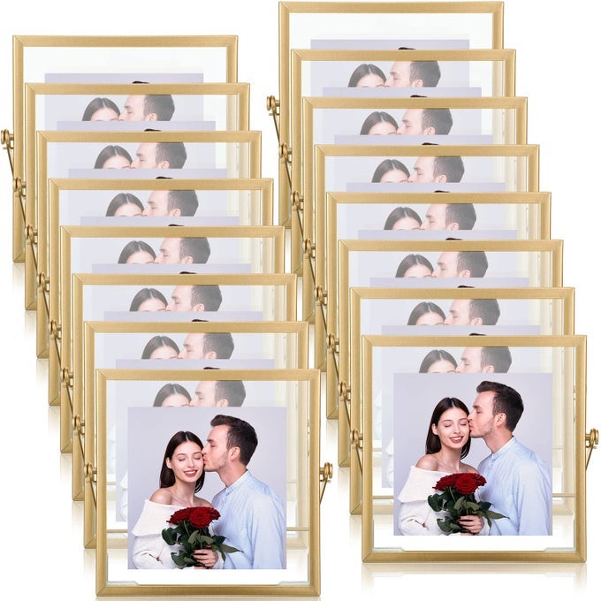 16 PCS GOLD FLOATING FRAMES GLASS PHOTO FRAMES VERTICAL VINTAGE METAL PICTURE 4 X 4 INCH FOR WEDDING PHOTO PICTURE MOUNTING TABLETOP DISPLAY OFFICE DECOR