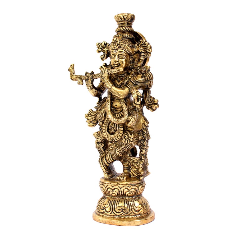 ESPLANADE Brass Krishna Krishan Murti Idol Statue Sculpture | Pooja Idols | Home Decor - Golden - 9.25" Inches - Image 3