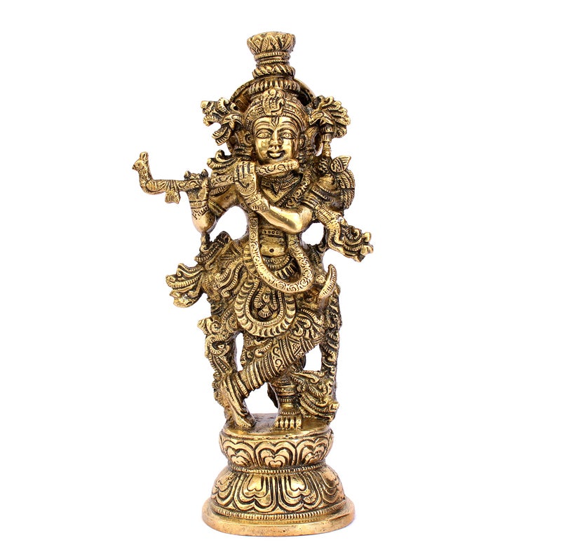 ESPLANADE Brass Krishna Krishan Murti Idol Statue Sculpture | Pooja Idols | Home Decor - Golden - 9.25" Inches - Image 1
