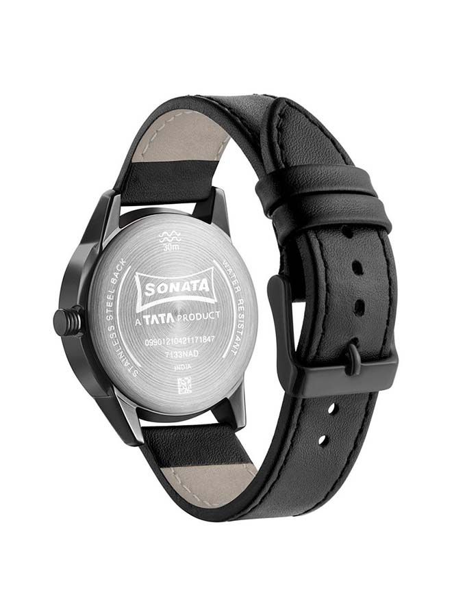 Sonata Round Shape Leather Band Chronograph Wrist Watch 7133NL03 - 40 mm - Black - Image 3