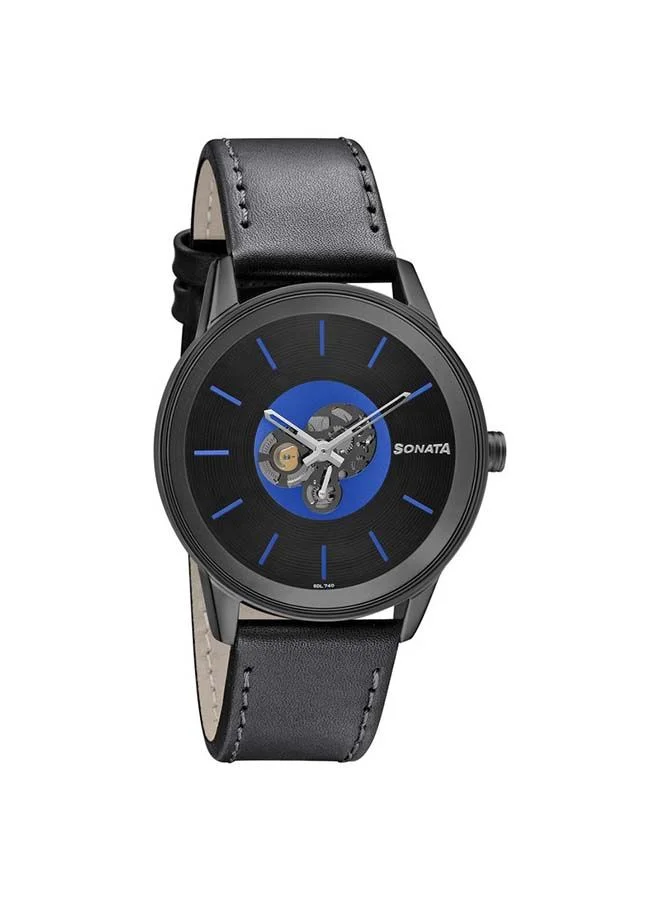 Sonata Round Shape Leather Band Chronograph Wrist Watch 7133NL03 - 40 mm - Black