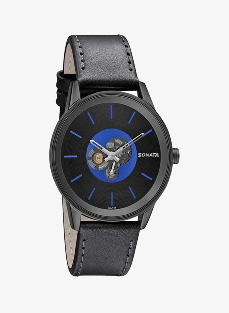 Sonata Round Shape Leather Band Chronograph Wrist Watch 7133NL03 - 40 mm - Black - Image 4
