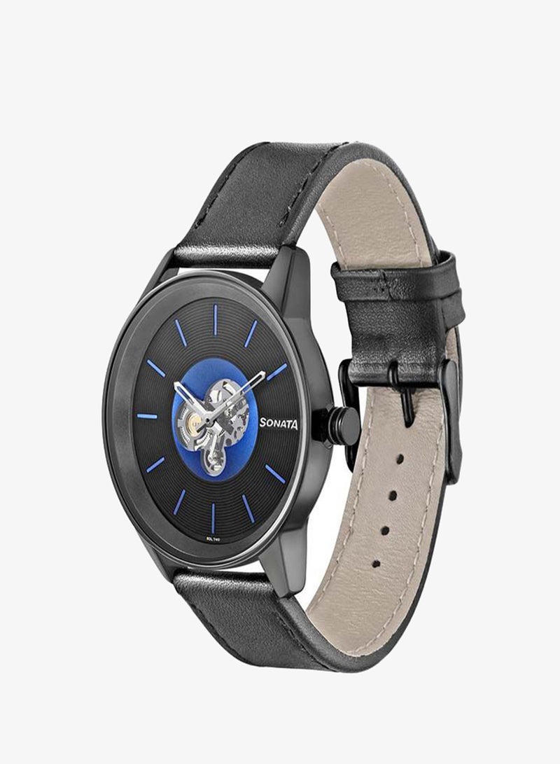 Sonata Round Shape Leather Band Chronograph Wrist Watch 7133NL03 - 40 mm - Black - Image 1
