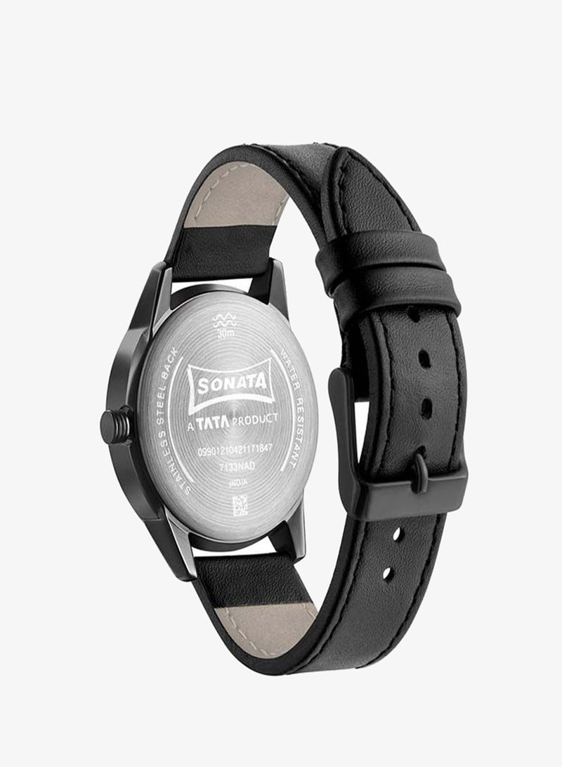 Sonata Round Shape Leather Band Chronograph Wrist Watch 7133NL03 - 40 mm - Black - Image 3