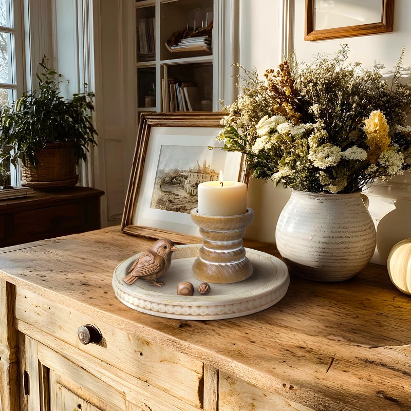 Pillar Candle Holder, Farmhouse Wood Candle Holder, Rustic Wooden Candle Stand, Vintage Small Wooden Candlestick Holders for Living Room, Table Centerpiece, White - Image 5