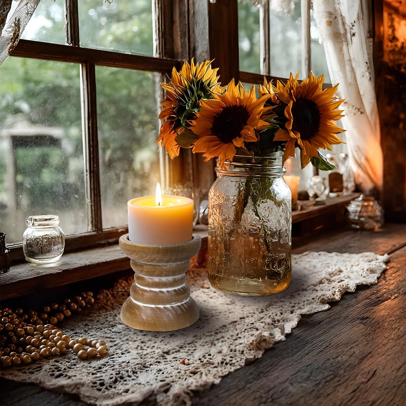 Pillar Candle Holder, Farmhouse Wood Candle Holder, Rustic Wooden Candle Stand, Vintage Small Wooden Candlestick Holders for Living Room, Table Centerpiece, White - Image 4