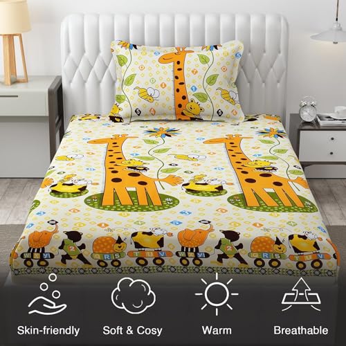 FRESH FROM LOOM Hypoallergenic Elastic Fitted Bed Sheets|Soft Glace Cotton 300 tc Fitted Bedsheet With One Pillow Cover|Bed Covers For Mattresses Tuck In (36'' X78'', Yellow, Cartoom), Smallsingle - Image 2
