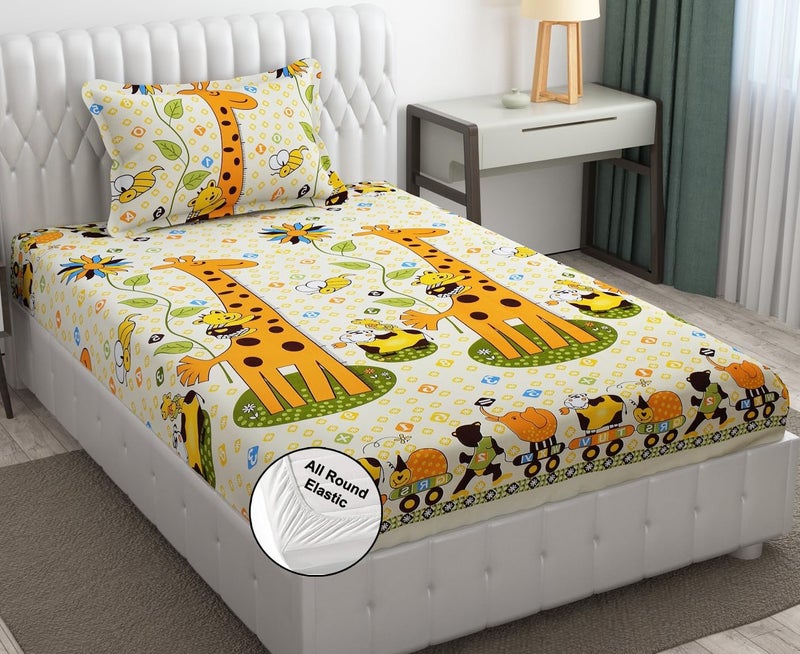 FRESH FROM LOOM Hypoallergenic Elastic Fitted Bed Sheets|Soft Glace Cotton 300 tc Fitted Bedsheet With One Pillow Cover|Bed Covers For Mattresses Tuck In (36'' X78'', Yellow, Cartoom), Smallsingle - Image 1