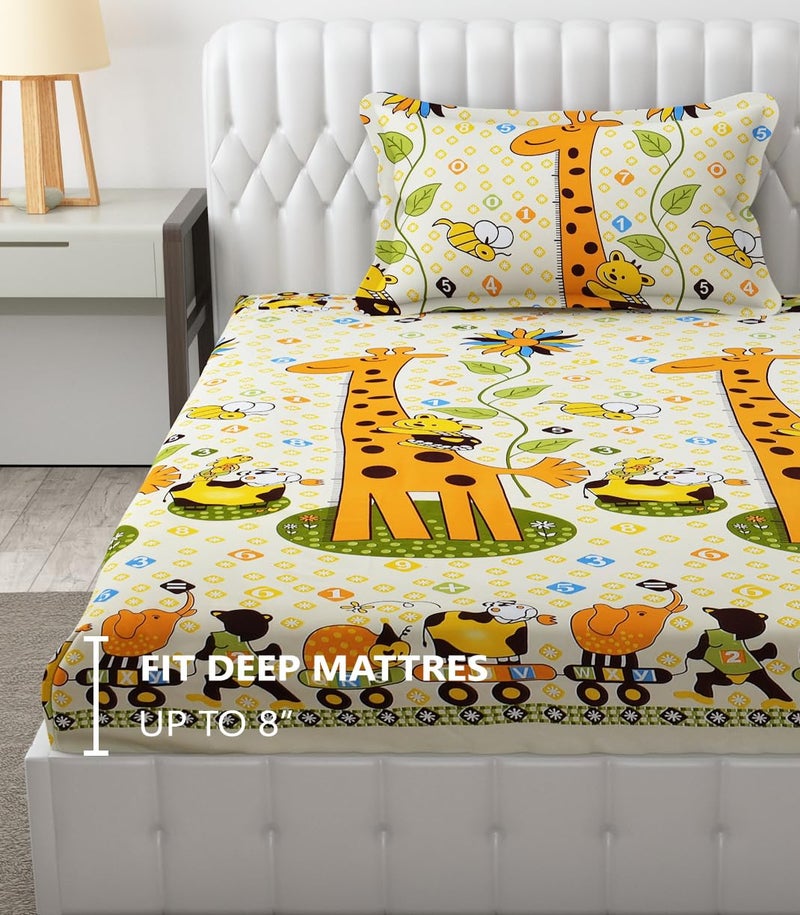 FRESH FROM LOOM Hypoallergenic Elastic Fitted Bed Sheets|Soft Glace Cotton 300 tc Fitted Bedsheet With One Pillow Cover|Bed Covers For Mattresses Tuck In (36'' X78'', Yellow, Cartoom), Smallsingle - Image 4