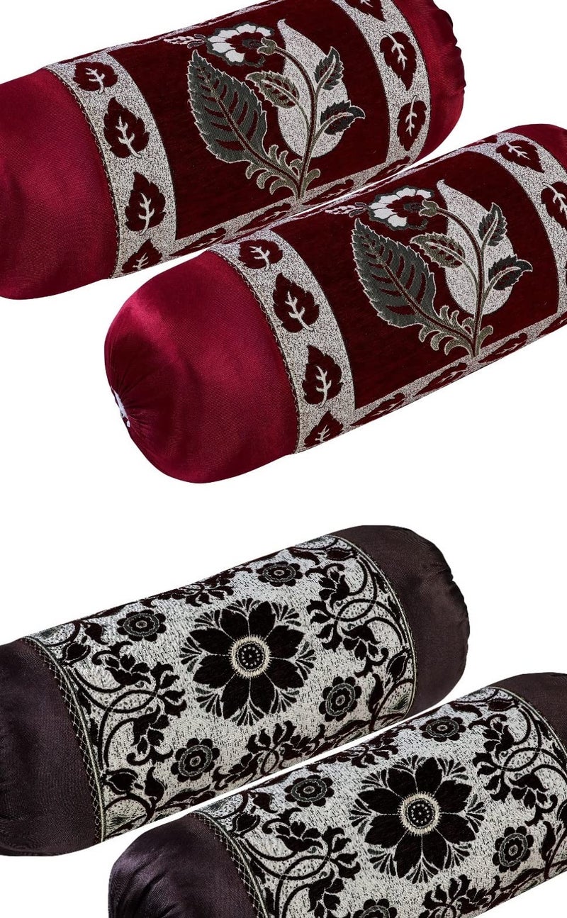 HSR Collection Premium Chennile Luxury Bolster Cover, Maroon & Coffee - 4 Pieces - Image 1