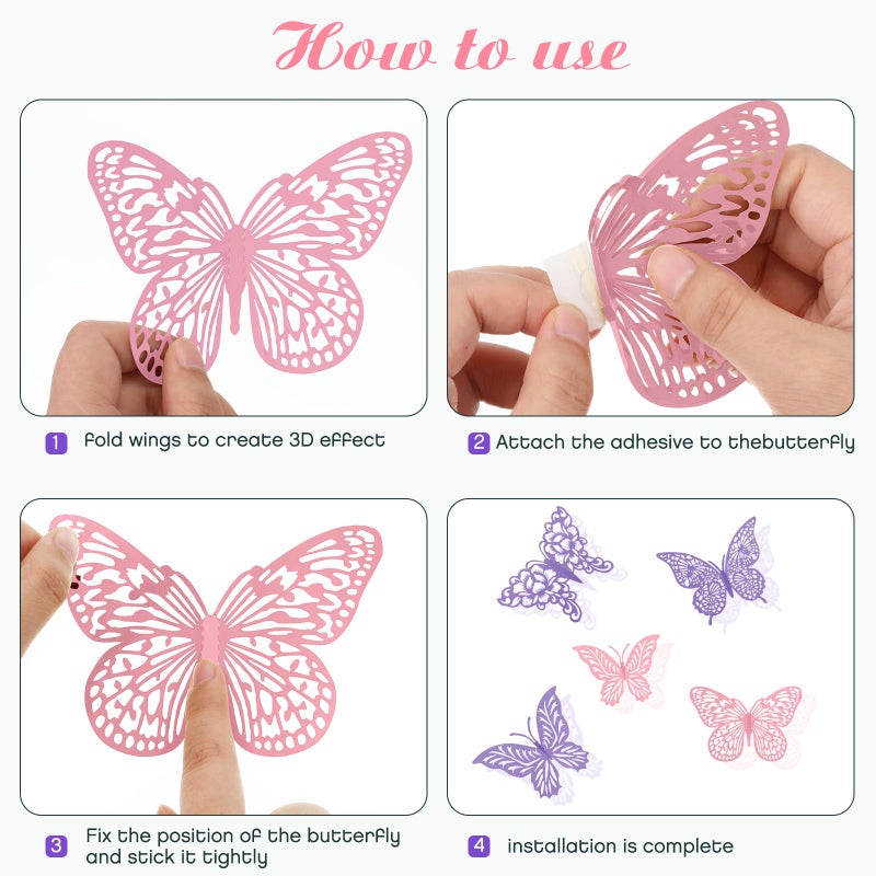 XUNXMAS 3D Butterfly Wall Decor 3 Sizes 4 Styles Butterfly Party Decorations Cake Decorations Removable Stickers Wall Decor Room Mural Metallic Kids (Purple+Pink, 48Pcs) - Image 4