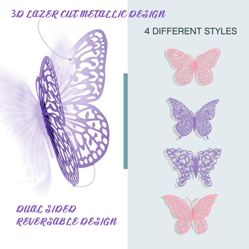 XUNXMAS 3D Butterfly Wall Decor 3 Sizes 4 Styles Butterfly Party Decorations Cake Decorations Removable Stickers Wall Decor Room Mural Metallic Kids (Purple+Pink, 48Pcs) - Image 3