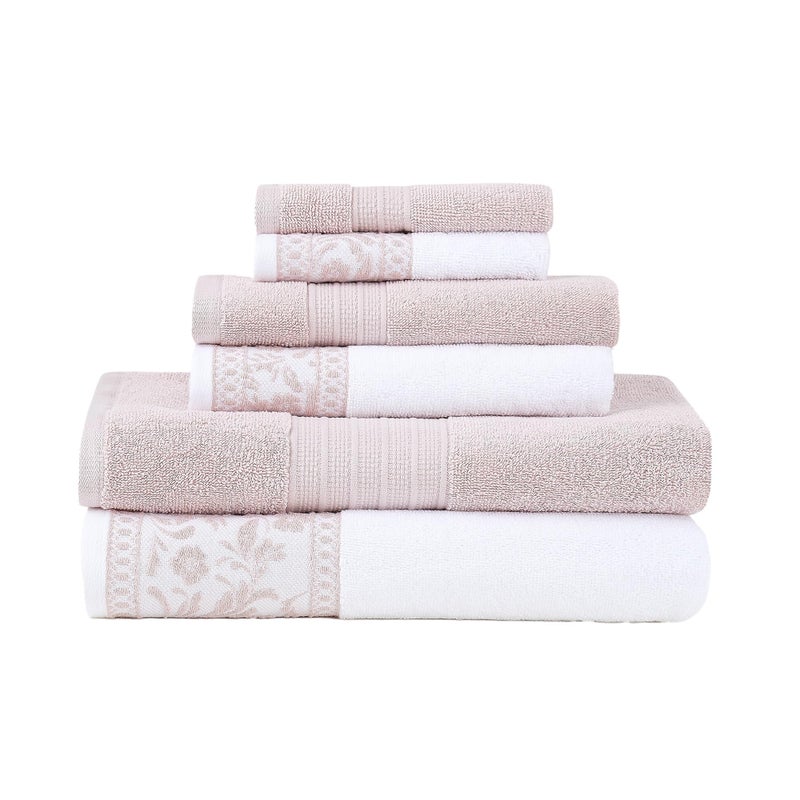 Modern Threads Allie 6-Piece 100% Cotton Towel Set â€“ Jacquard Floral Border â€“ Includes 2 Bath Towels, 2 Hand Towels, 2 Washcloths â€“ Absorbent, Quick Dry, Soft & Durable â€“ Blush Pink - Image 1