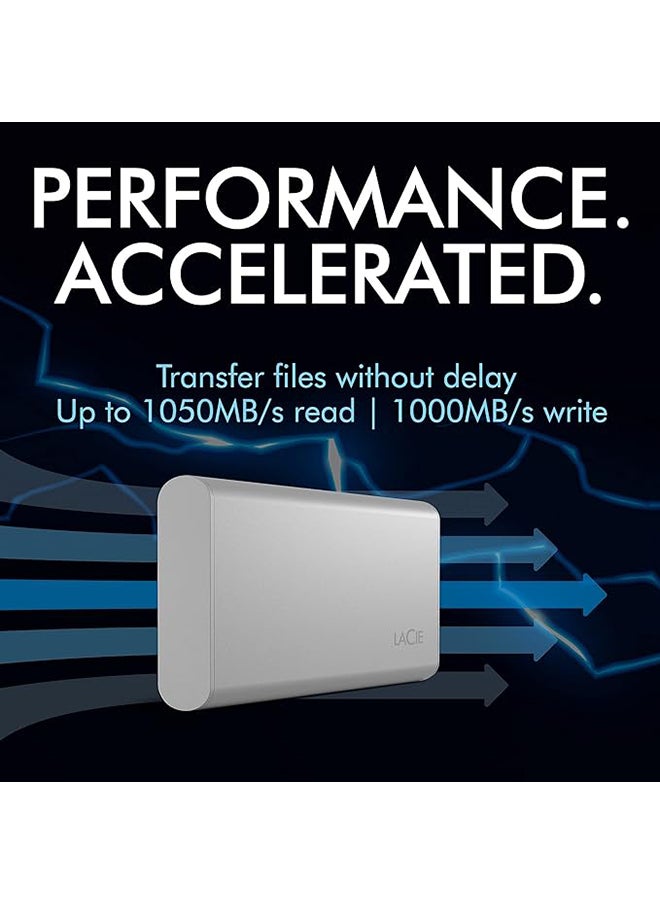 LACIE - LaCie Portable SSD, 1TB, External SSD, USB-C, Iphone 15 Pro compatible, 2nd generation USB 3.2, speeds up to 1050MB/s, Moon Silver, for Mac, PC and iPad (STKS1000400) - Image 1