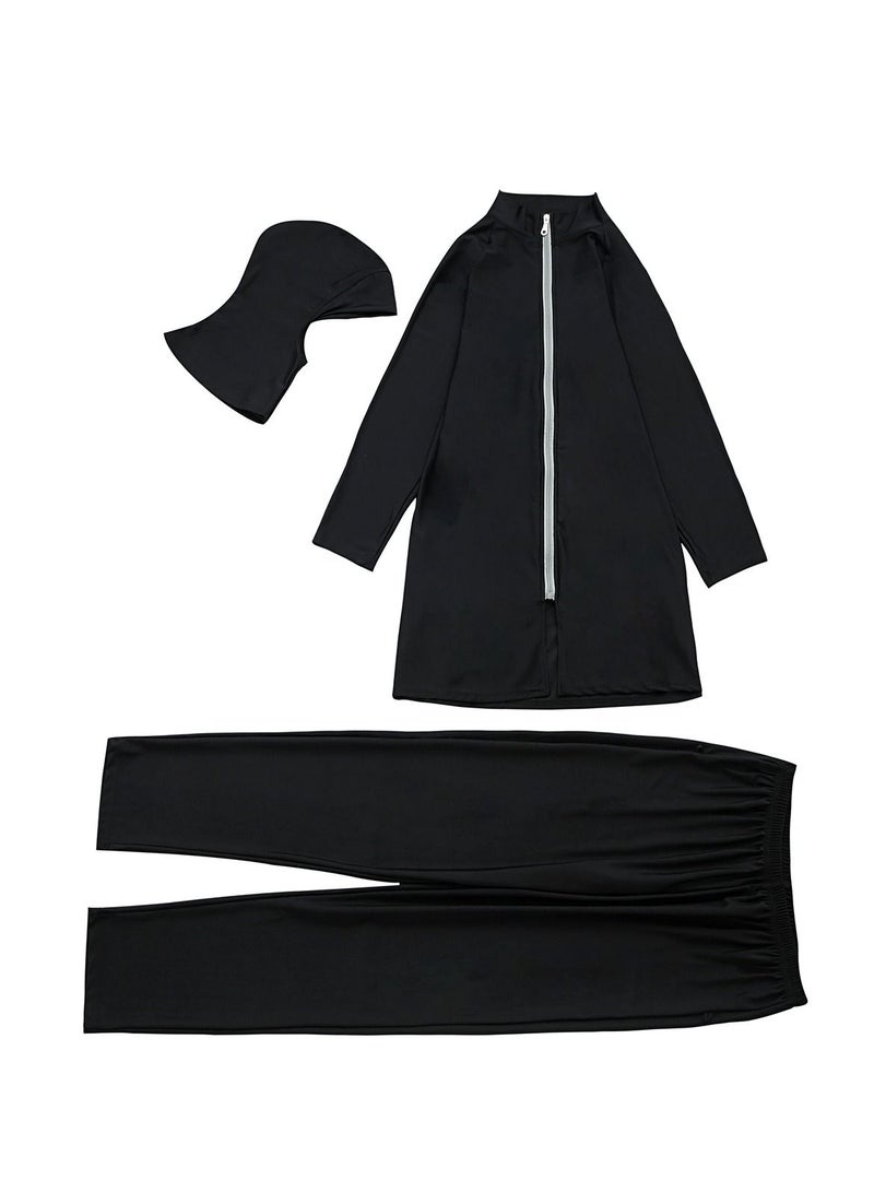 Loquat Womens Big Size 3-Piece Swimwear Set Conservative Style Long Sleeve Burkinis Swimsuit Set Black  - Image 2