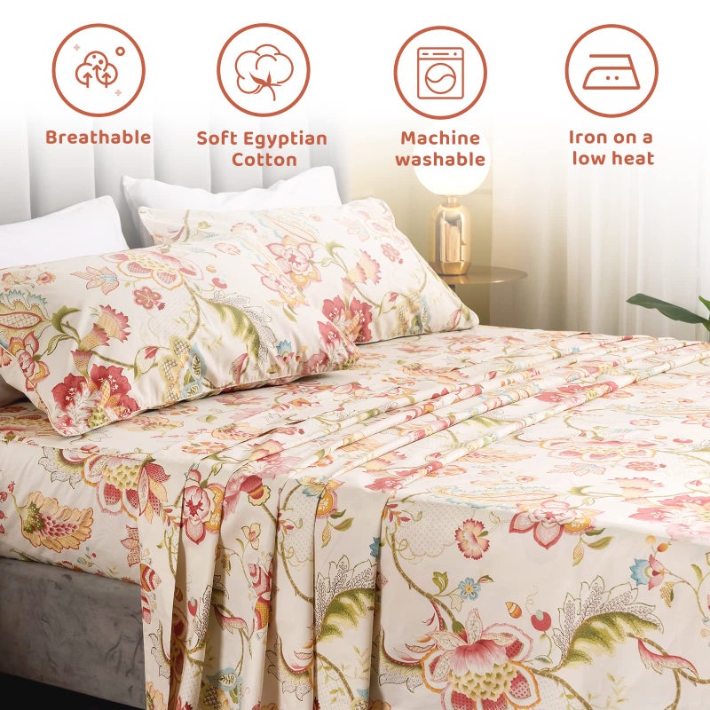 QSH Floral King Size Sheet Sets - Lotus Botanical Print Printed Bedding 100% Egyptian Cotton Sheets for King Size Bed Sheets with Deep Pockets Extra Soft and Breathable 4pcs - Image 2