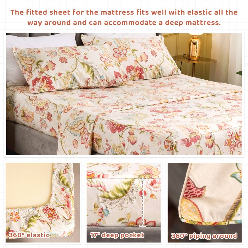 QSH Floral King Size Sheet Sets - Lotus Botanical Print Printed Bedding 100% Egyptian Cotton Sheets for King Size Bed Sheets with Deep Pockets Extra Soft and Breathable 4pcs - Image 3