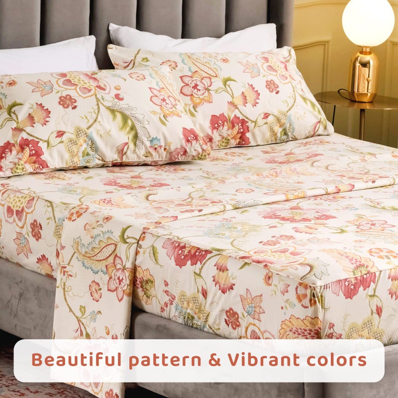 QSH Floral King Size Sheet Sets - Lotus Botanical Print Printed Bedding 100% Egyptian Cotton Sheets for King Size Bed Sheets with Deep Pockets Extra Soft and Breathable 4pcs - Image 5