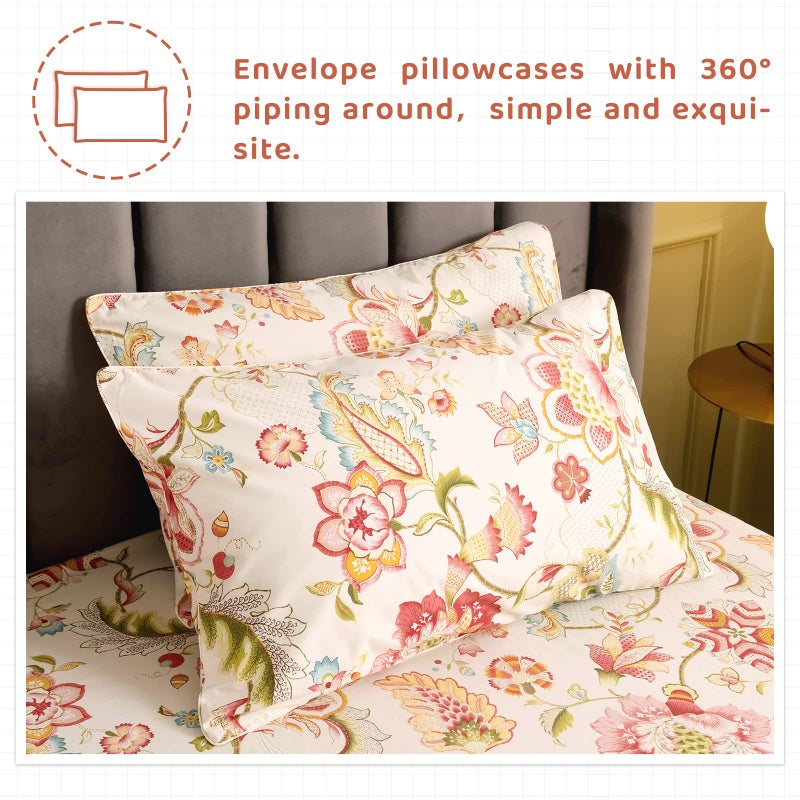 QSH Floral King Size Sheet Sets - Lotus Botanical Print Printed Bedding 100% Egyptian Cotton Sheets for King Size Bed Sheets with Deep Pockets Extra Soft and Breathable 4pcs - Image 4