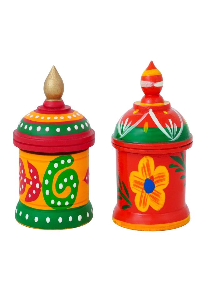 Fine Craft India صندوق كومكوم خشبي فاين كرافت إنديا - صندوق سيندور داني تقليدي متعدد الألوان مرسوم يدوياً (مجموعة من 2) أفضل هدية للعروس (ارتفاع 3 إنش) - Image 1